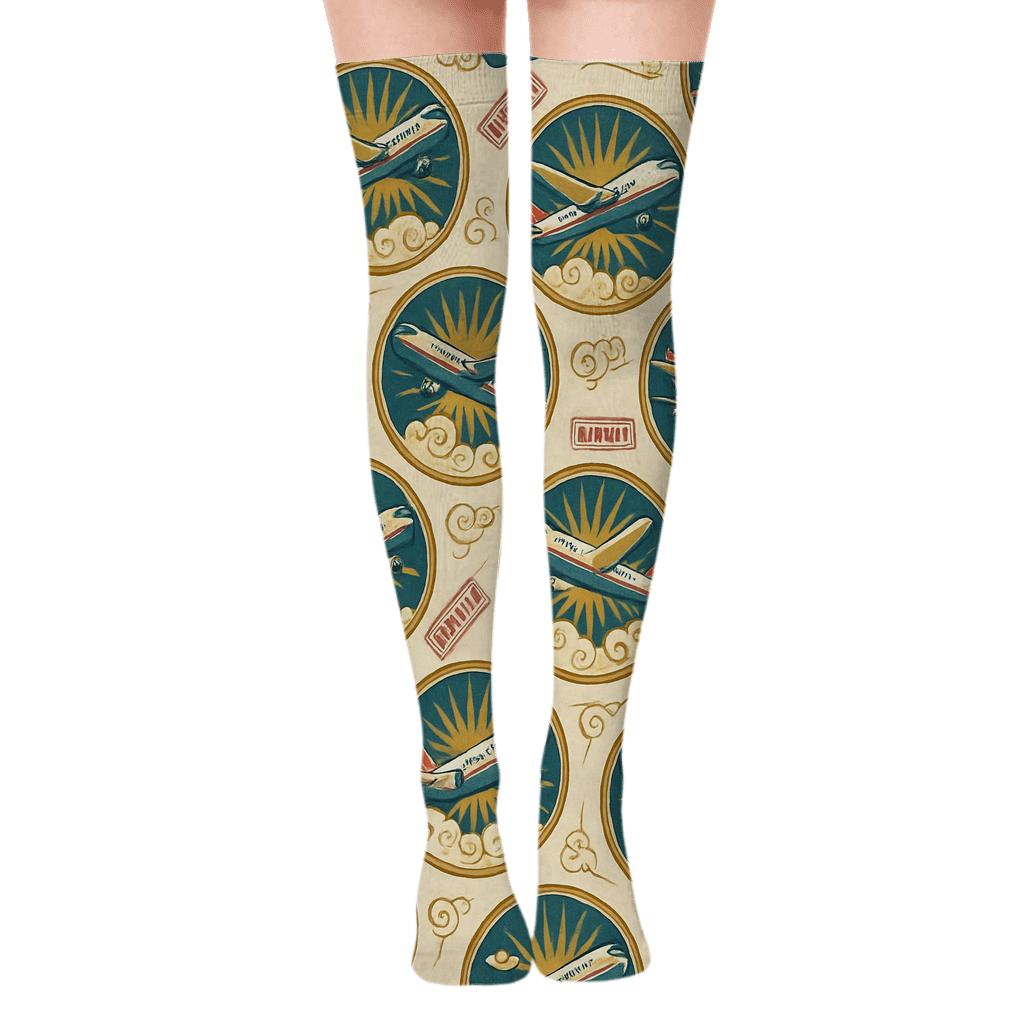 Vintage Poster Airplane Travel Medallions Over-the-Knee Socks
