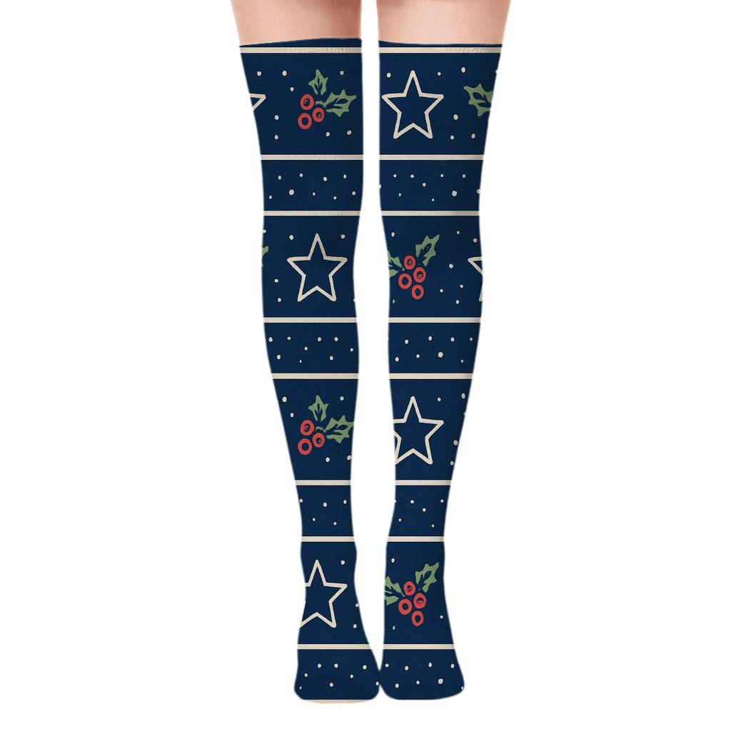Minimal Xmas Star and Holly Stripe Bands Over-the-Knee Socks