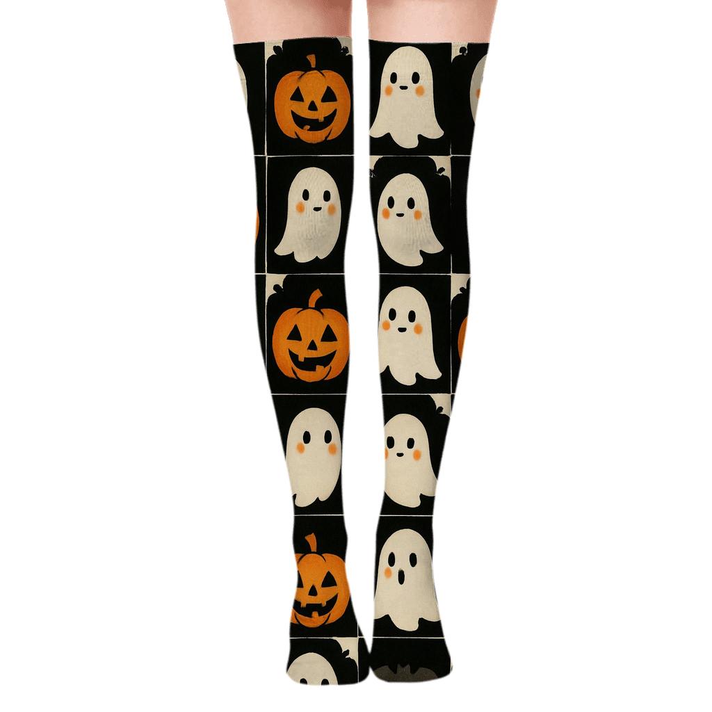 Orange Pumpkin and Phantom Alternating Checker on Black Background Over-the-Knee Socks