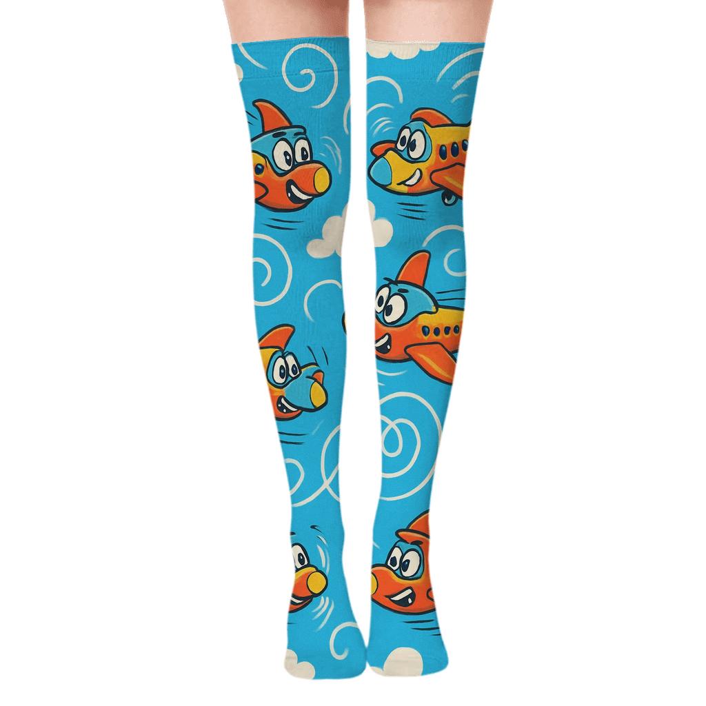 Airplane Race Cartoon Scatter Party Over-the-Knee Socks
