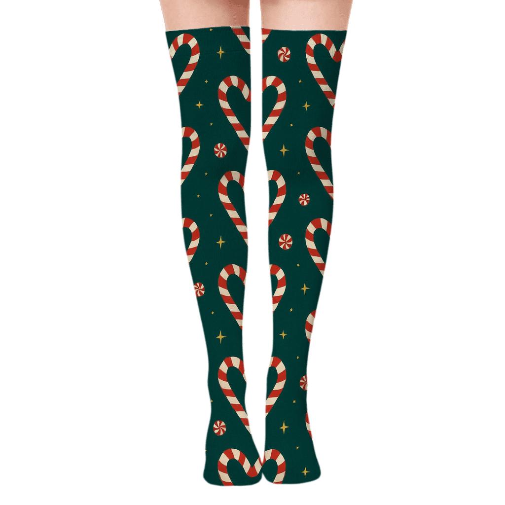 Candy canes Center Repeat on Deep Teal Night Over-the-Knee Socks