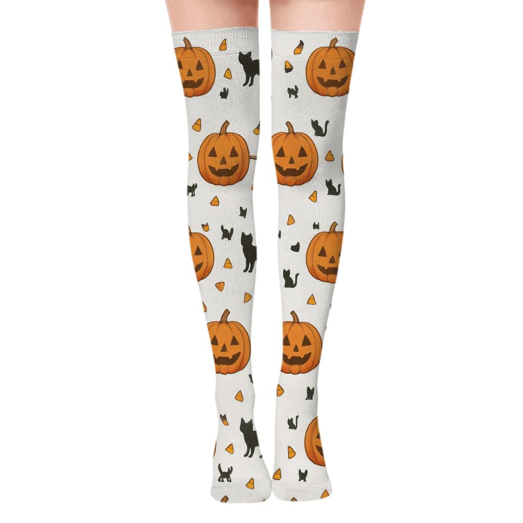 Carved Pumpkin Border Band Repeat on White Background Over-the-Knee Socks