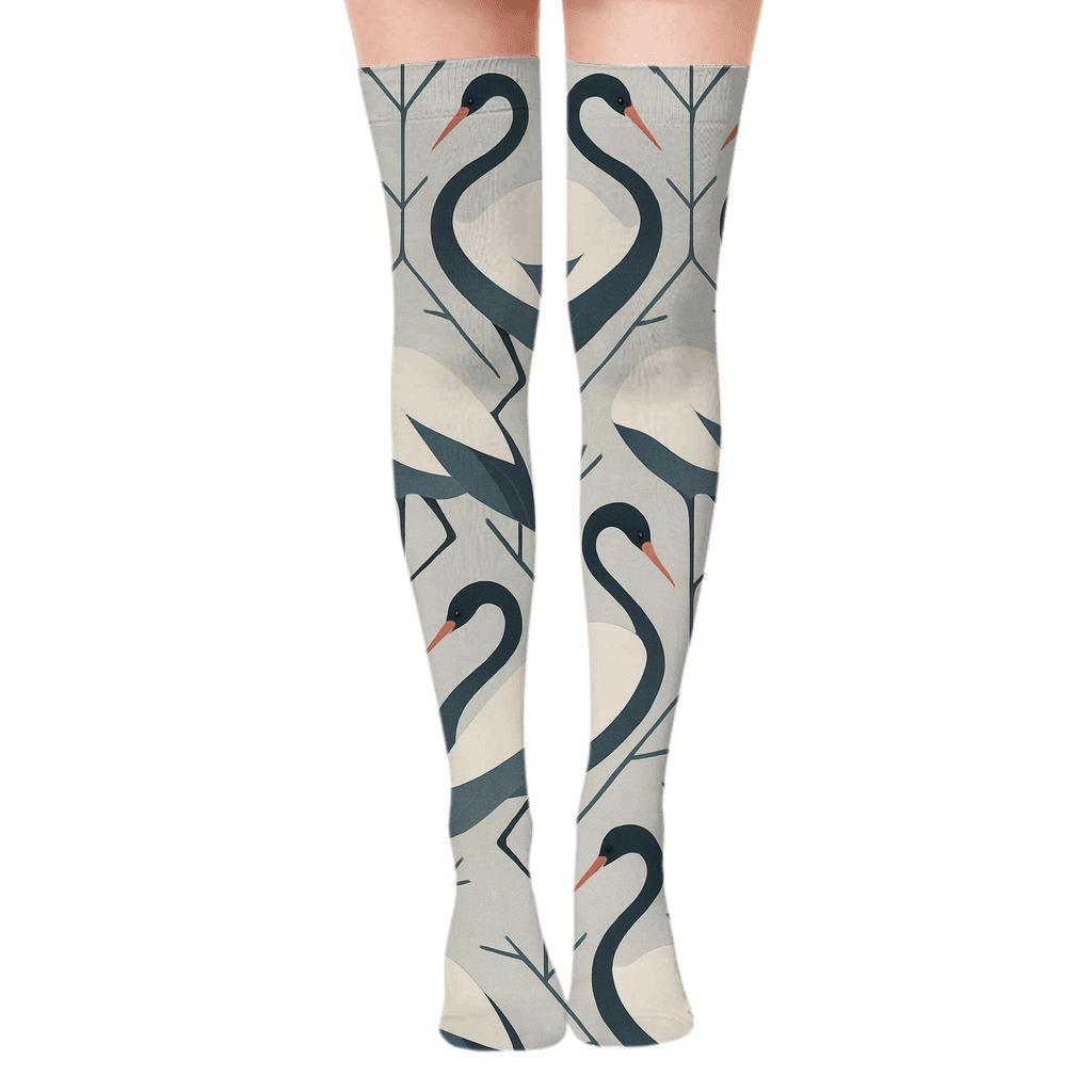 Crane Neck and Wing Chevron on Light Gray Background Over-the-Knee Socks