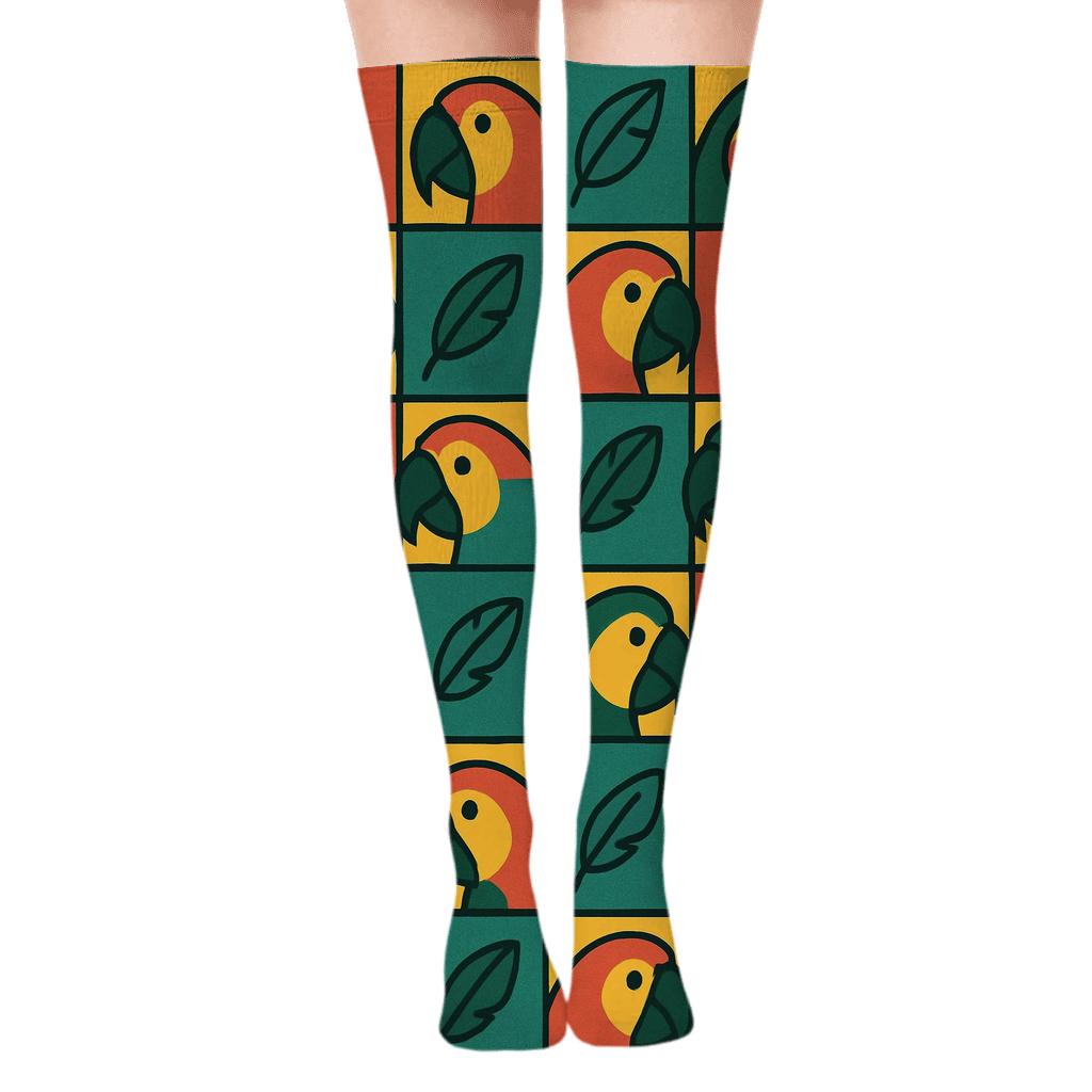 Parrot Beak Mosaic Blocks on Golden Background Over-the-Knee Socks