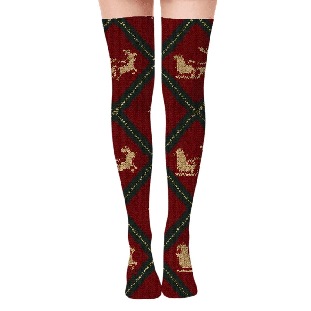 Christmas Knit Illusion Santa Sleigh Diamonds Over-the-Knee Socks