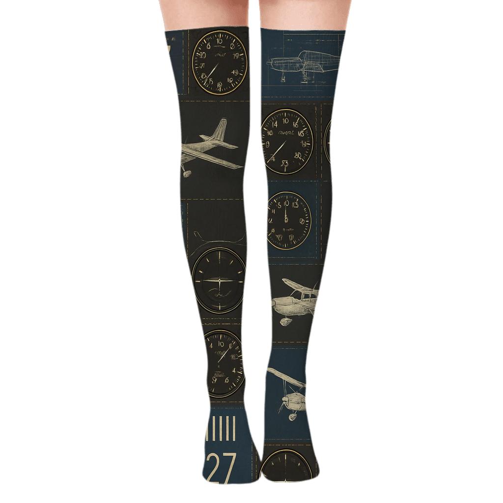 Collage Airplane Blueprint Patchwork Over-the-Knee Socks