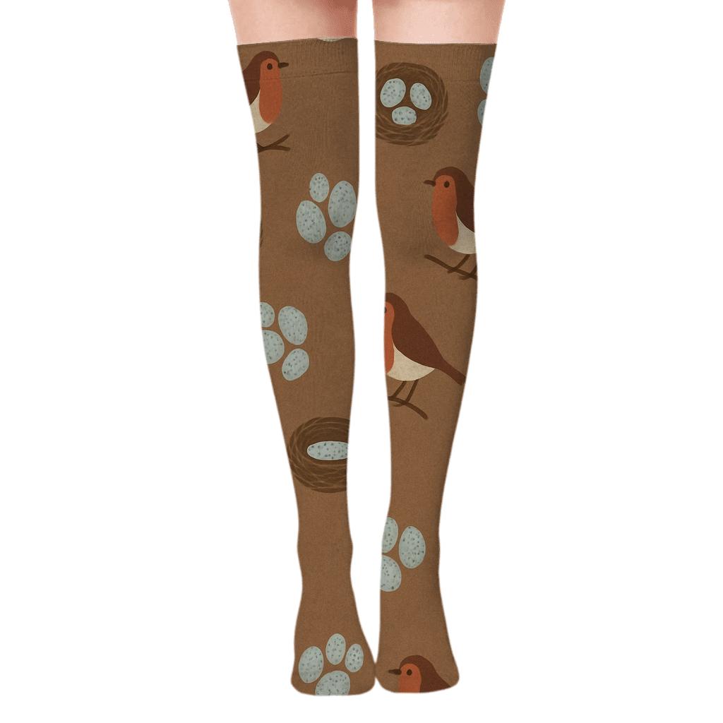 Robin Nest and Egg Dots on Warm Brown Background Over-the-Knee Socks