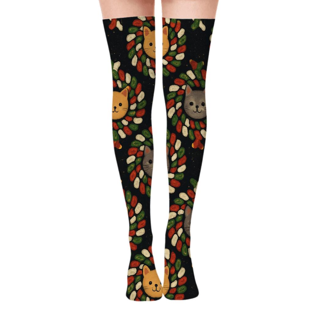 Holiday Pets in Stockings Spiral Rosettes Over-the-Knee Socks