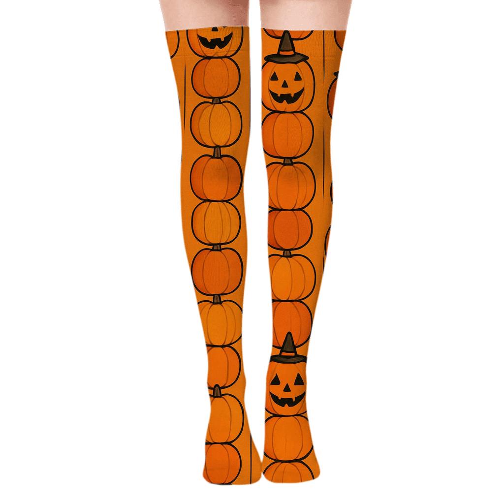 Orange Pumpkin Stack Columns on Orange Background Over-the-Knee Socks