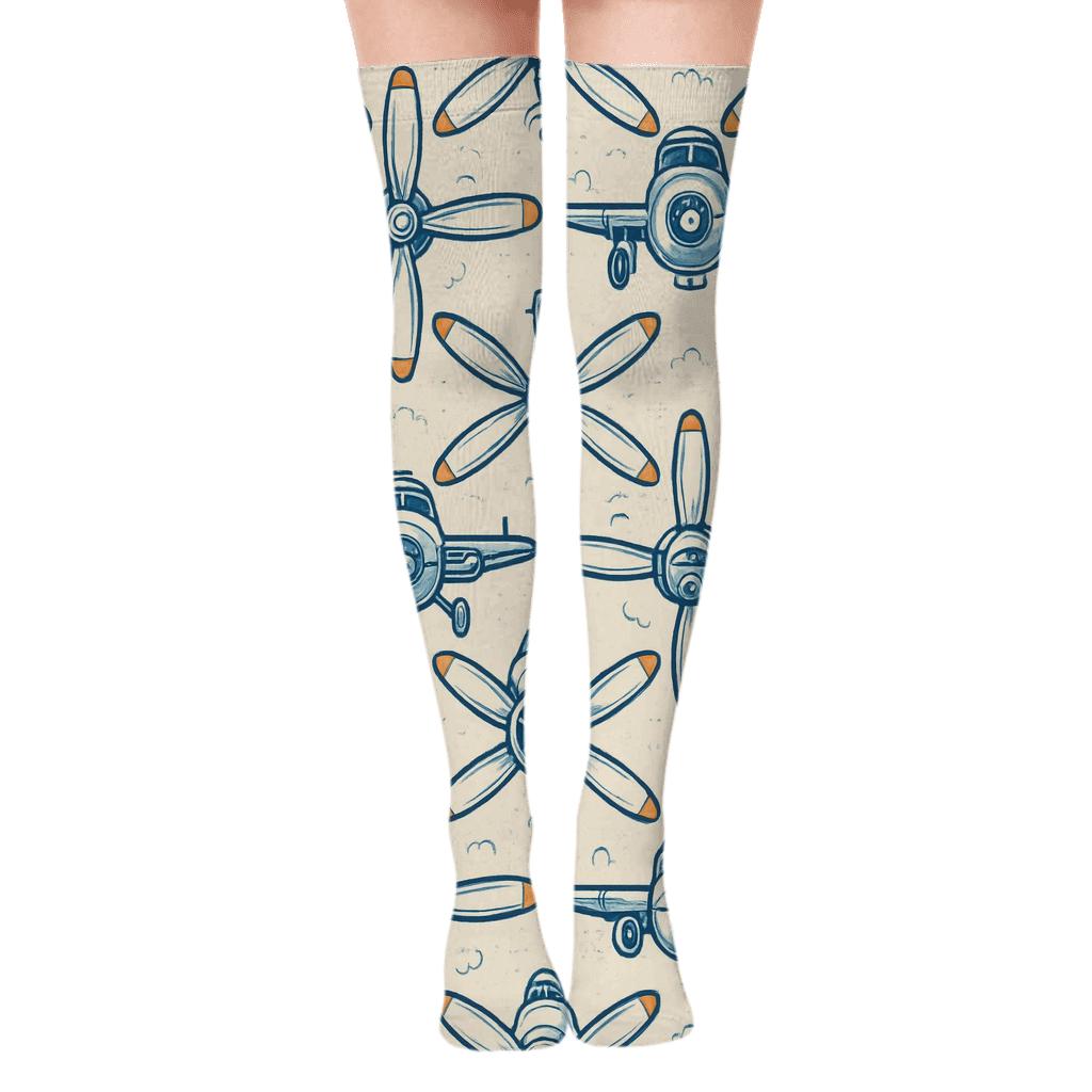 Mirrored Propeller Airplane Rosette Tiles Over-the-Knee Socks