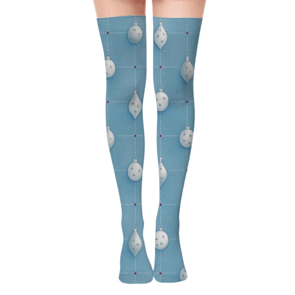 Xmas Ornament Constellation Grid on Blue Over-the-Knee Socks