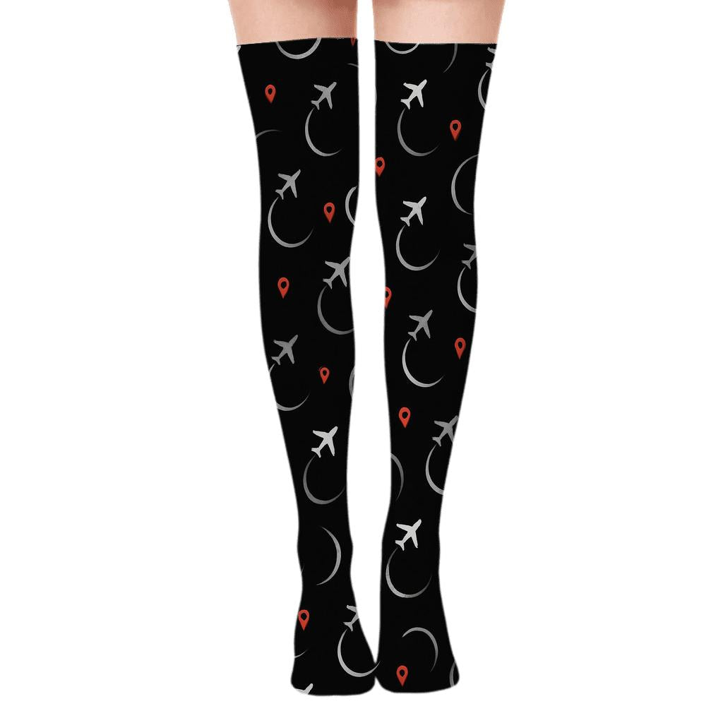 Airplane Contrail Polka Dots on Black Over-the-Knee Socks