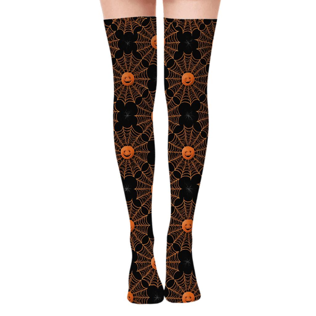 Orange Spider Web Rosette Tiles on Black Background Over-the-Knee Socks