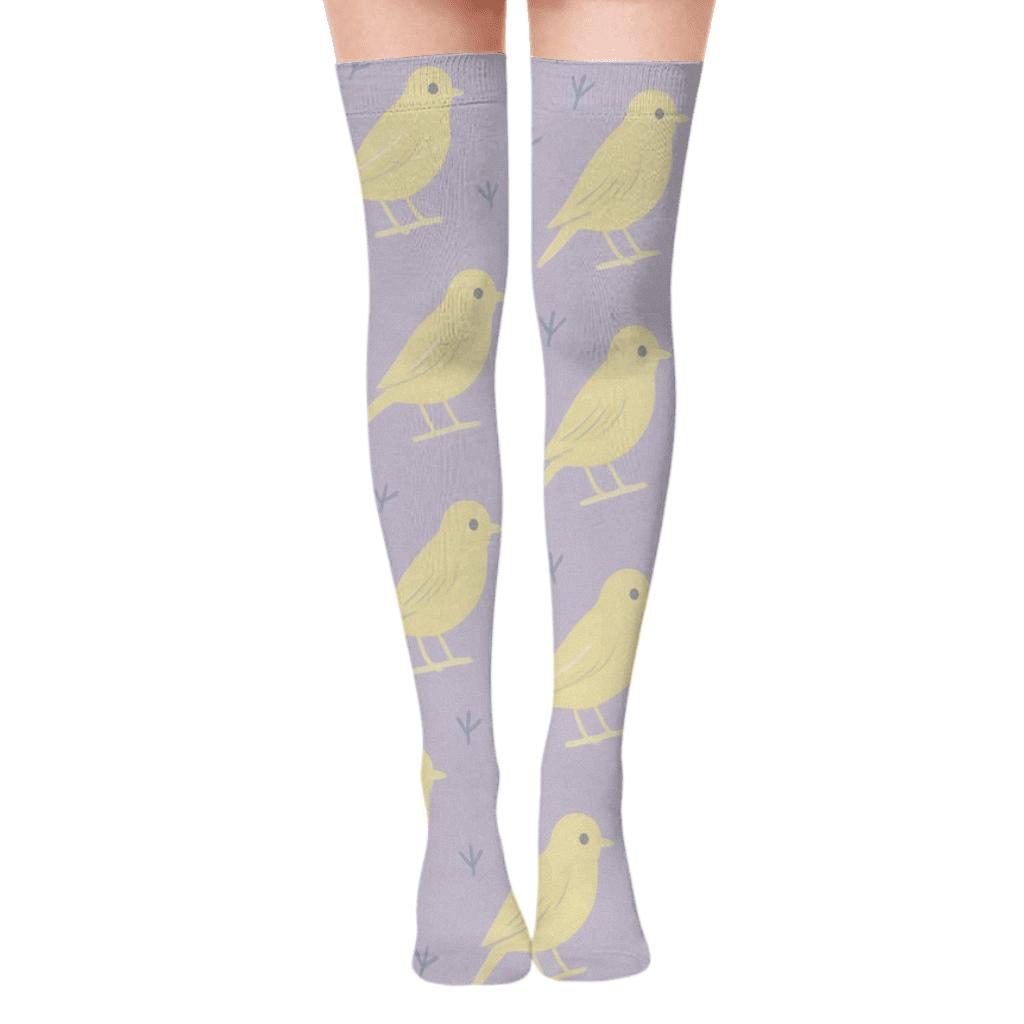 Canary Silhouette Dither Texture on Pastel Lavender Background Over-the-Knee Socks