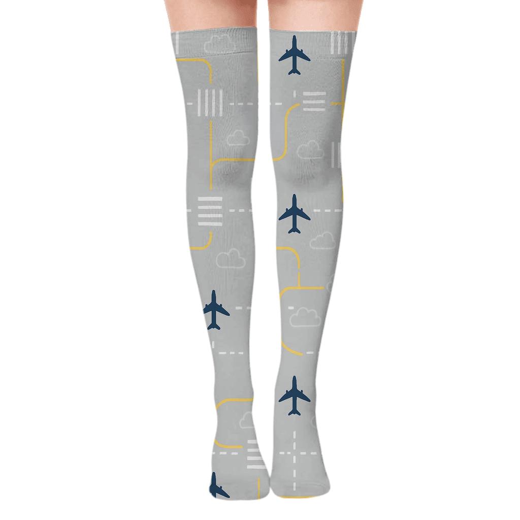 Runway Lattice Airplane Minimal Grid Over-the-Knee Socks