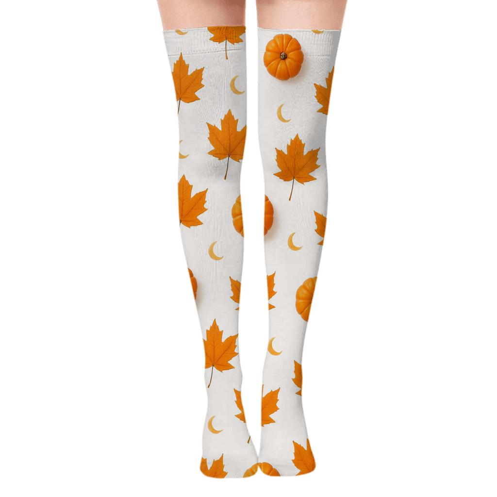 Autumn Leaf and Mini Pumpkin Scatter Grid on White Background Over-the-Knee Socks