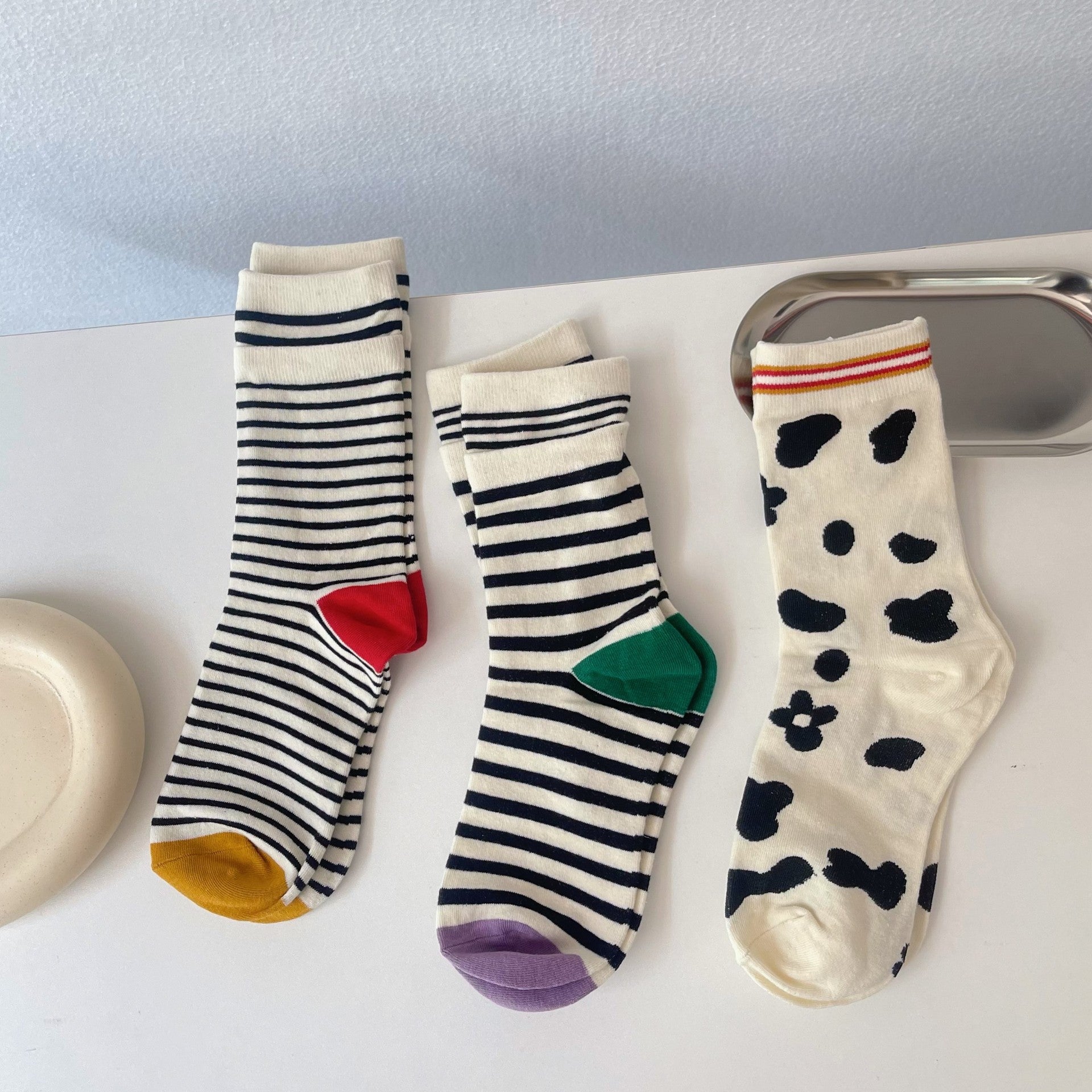 Women's Cow Print Striped Crew Socks