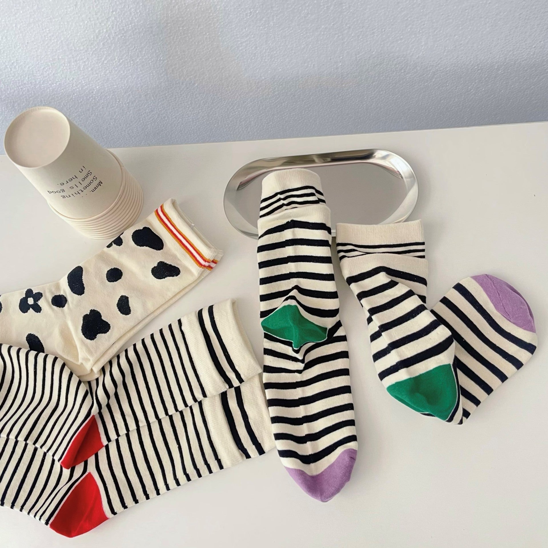 Women's Cow Print Striped Crew Socks