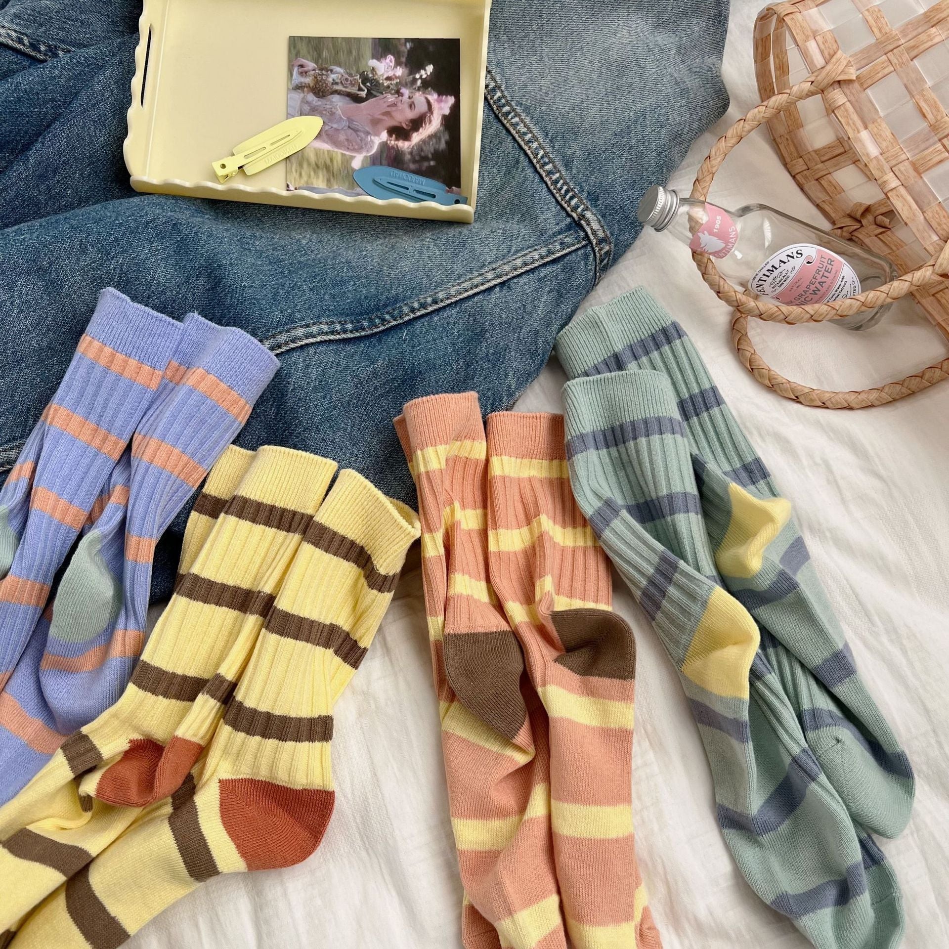 Women's Macaron Color Striped Contrast Socks